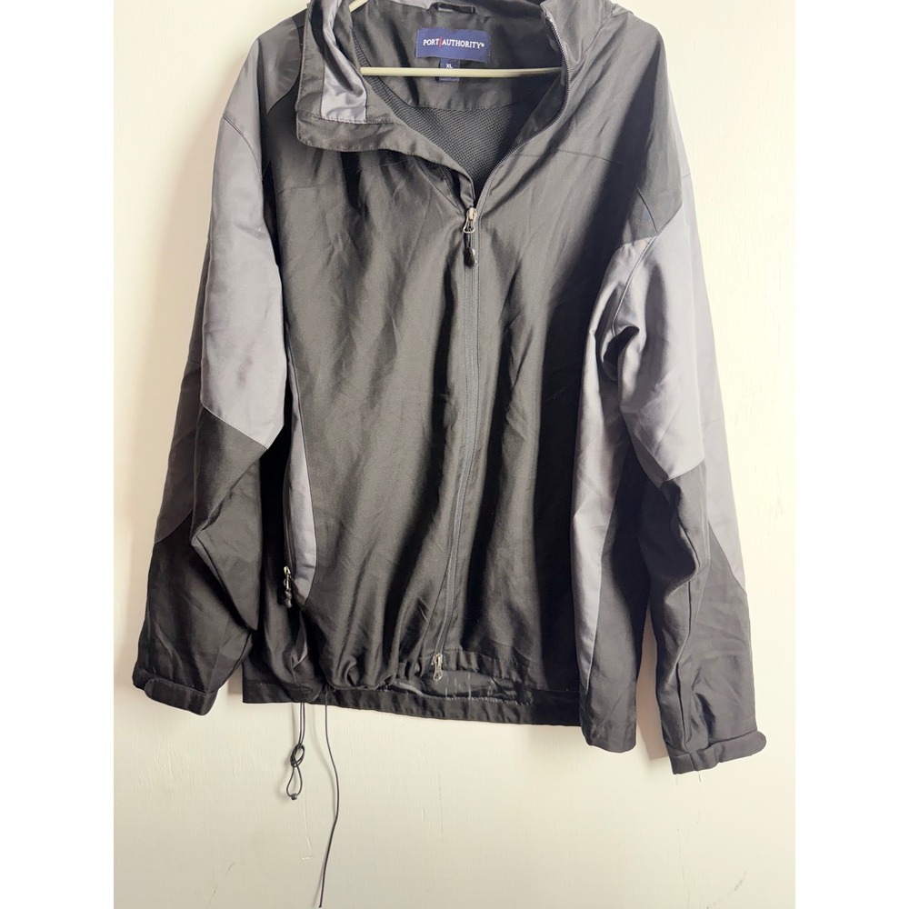 Port Authority Mens XL Black Grey Colorblock Hooded Windbreaker Jacket Full Zip